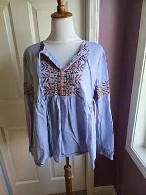 Ruff Hewn Light Blue Embroidered Peasant Blouse - Lg